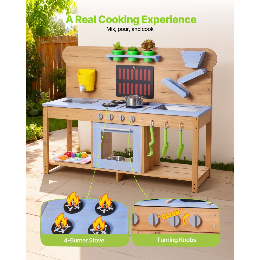 VEVOR Mud Kitchen, Outdoor Mud Kitchen for Kids, Wood Outdoor Play Kitchens with Stoves, Hooks, Double Sinks, Planting Shovels, Spatulas, Cookware Pots and Accessories, Play with Water and Sand