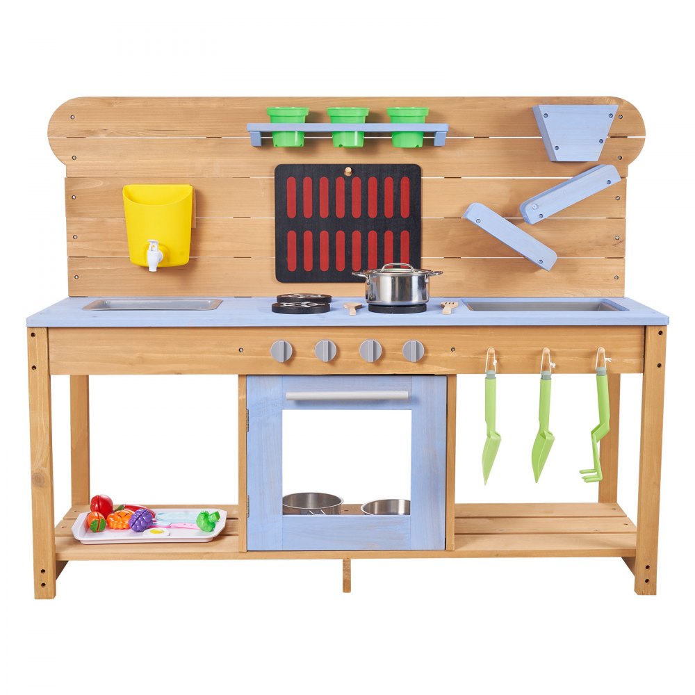 VEVOR Mud Kitchen, Outdoor Mud Kitchen for Kids, Wood Outdoor Play Kitchens with Stoves, Hooks, Double Sinks, Planting Shovels, Spatulas, Cookware Pots and Accessories, Play with Water and Sand