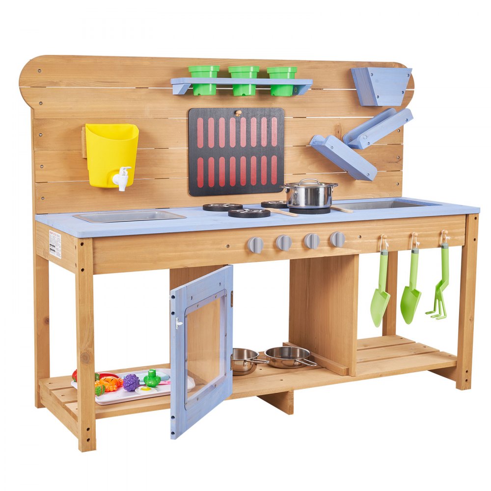 VEVOR Mud Kitchen, Outdoor Mud Kitchen for Kids, Wood Outdoor Play Kitchens with Stoves, Hooks, Double Sinks, Planting Shovels, Spatulas, Cookware Pots and Accessories, Play with Water and Sand