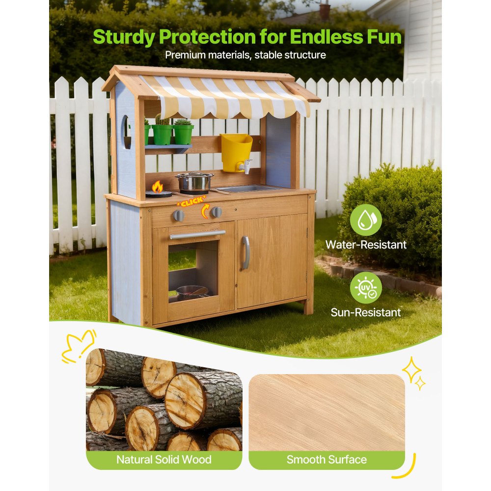 VEVOR Mud Kitchen, Outdoor Mud Kitchen for Kids, Wood Outdoor Play Kitchens with Spoons, Sink, Tank, Sunshade Canopy, Shovels, Cookware Pots and Accessories, Wooden Play Kitchens for Home, Lawn