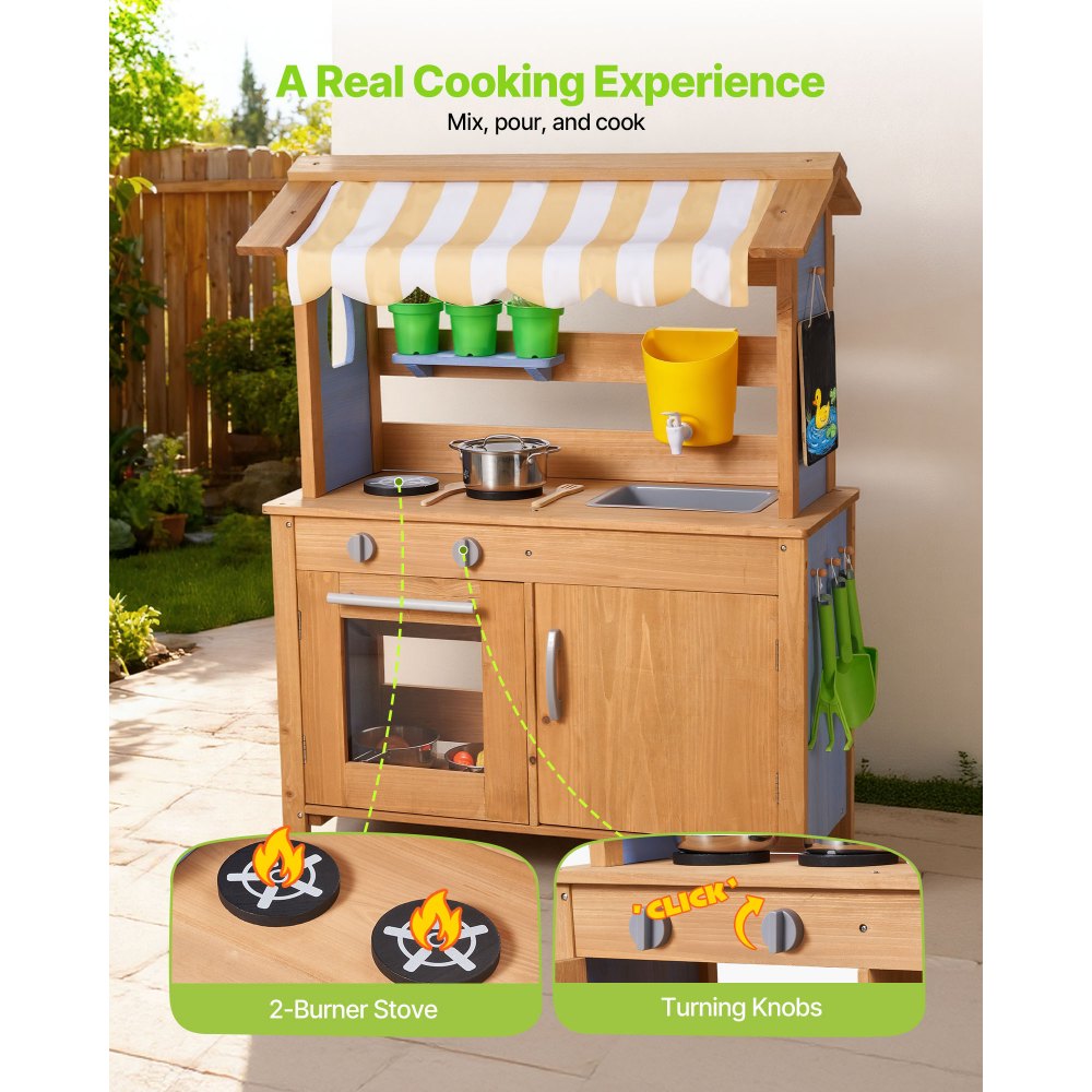 VEVOR Mud Kitchen, Outdoor Mud Kitchen for Kids, Wood Outdoor Play Kitchens with Spoons, Sink, Tank, Sunshade Canopy, Shovels, Cookware Pots and Accessories, Wooden Play Kitchens for Home, Lawn