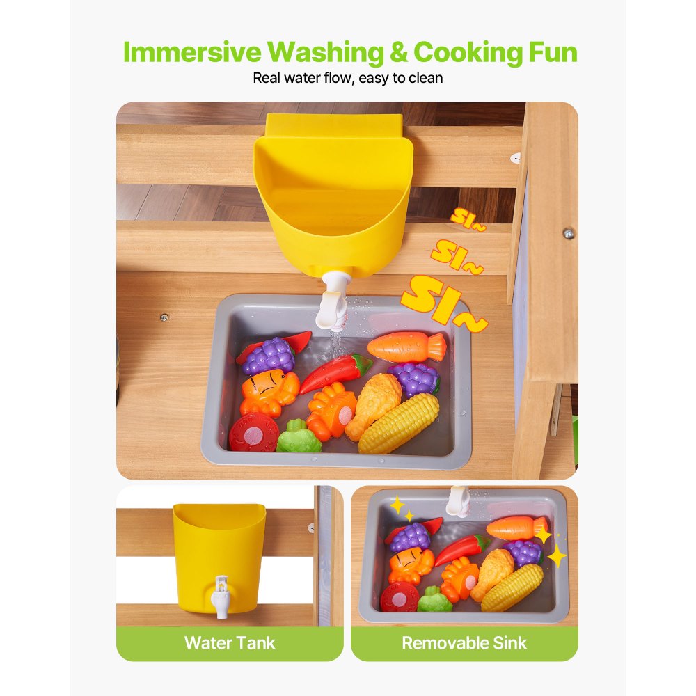 VEVOR Mud Kitchen, Outdoor Mud Kitchen for Kids, Wood Outdoor Play Kitchens with Spoons, Sink, Tank, Sunshade Canopy, Shovels, Cookware Pots and Accessories, Wooden Play Kitchens for Home, Lawn