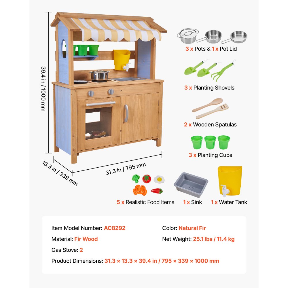 VEVOR Mud Kitchen, Outdoor Mud Kitchen for Kids, Wood Outdoor Play Kitchens with Spoons, Sink, Tank, Sunshade Canopy, Shovels, Cookware Pots and Accessories, Wooden Play Kitchens for Home, Lawn