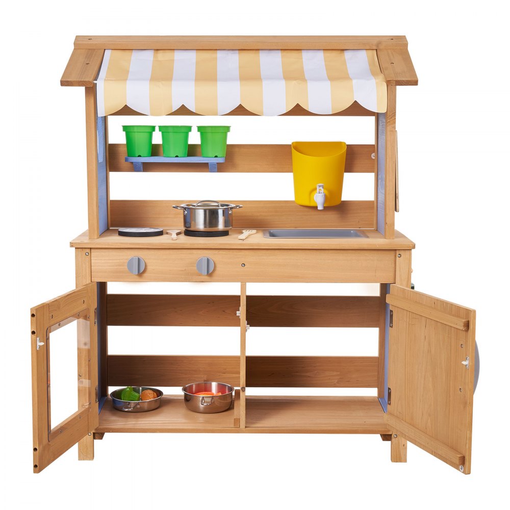 VEVOR Mud Kitchen, Outdoor Mud Kitchen for Kids, Wood Outdoor Play Kitchens with Spoons, Sink, Tank, Sunshade Canopy, Shovels, Cookware Pots and Accessories, Wooden Play Kitchens for Home, Lawn
