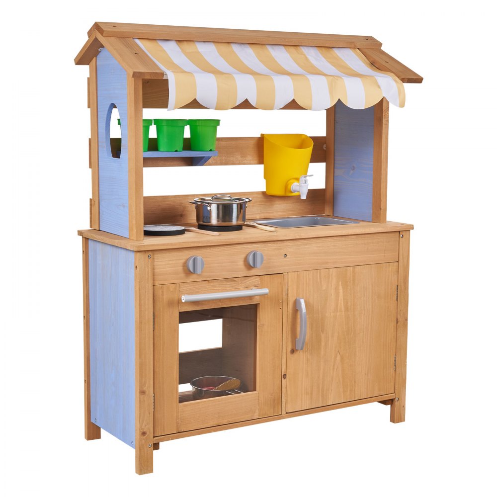 VEVOR Mud Kitchen, Outdoor Mud Kitchen for Kids, Wood Outdoor Play Kitchens with Spoons, Sink, Tank, Sunshade Canopy, Shovels, Cookware Pots and Accessories, Wooden Play Kitchens for Home, Lawn
