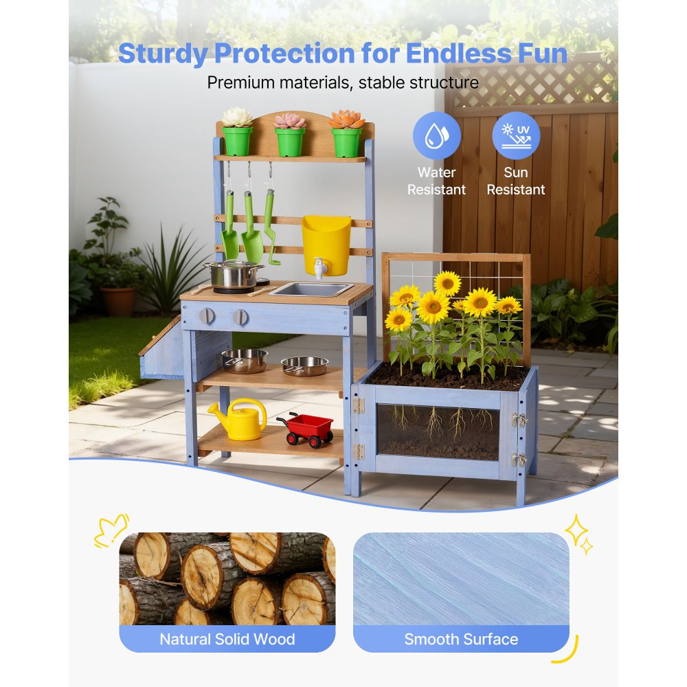 VEVOR Mud Kitchen, Outdoor Mud Kitchen for Kids, Wood Outdoor Play Kitchens with Planting Box, Critter Catcher Container, Tank, Sink, Cookware Pots and Accessories, Wooden Play Kitchens for Lawn, Yard