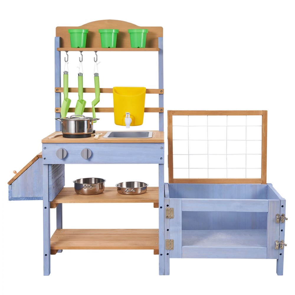 VEVOR Mud Kitchen, Outdoor Mud Kitchen for Kids, Wood Outdoor Play Kitchens with Planting Box, Critter Catcher Container, Tank, Sink, Cookware Pots and Accessories, Wooden Play Kitchens for Lawn, Yard