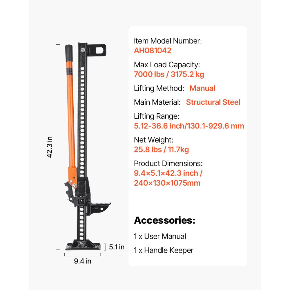 VEVOR Farm Jack, 42" Utility High Lift Farm Jack, 3.18 Ton (7,000 lbs) Capacity Ratcheting Off Road Utility Jacks, Heavy-Duty Lift Jacks with 5.12"-36.6" Lifting Range for Tractor, Truck, SUV