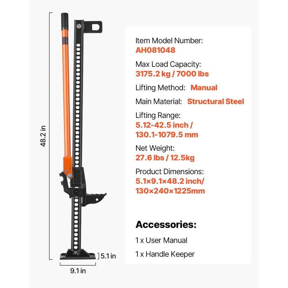 VEVOR Farm Jack, 48" Utility High Lift Farm Jack, 3.18 Ton (7,000 lbs) Capacity Ratcheting Off Road Utility Jacks, Heavy-Duty Lift Jacks with 5.12"-42.5" Lifting Range for Tractor, Truck, SUV