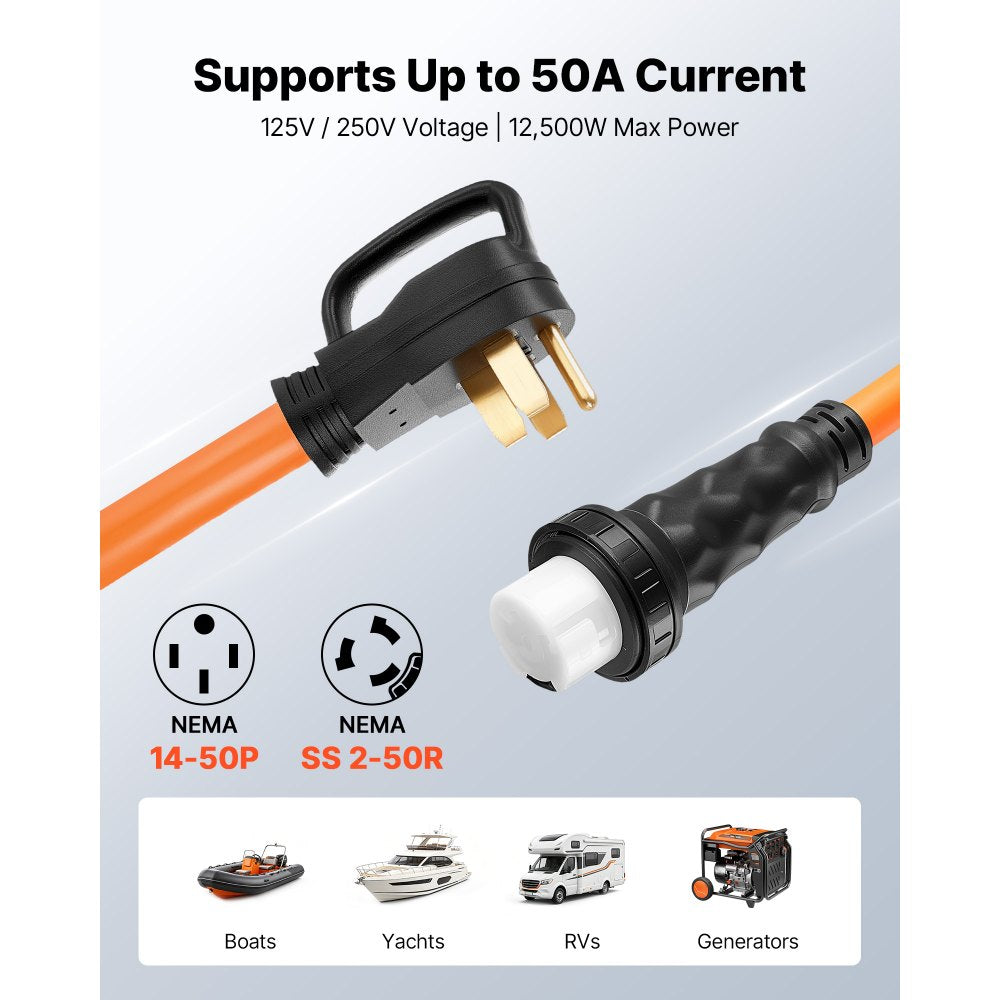 VEVOR 50 Amp Generator Cord, 30 Feet, 125/250V RV Power Cord NEMA 14-50P to SS2-50R with Twist Lock, Grip Handle, Heavy Duty 6AWG/3 + 8AWG/1 Generator Cable, for RV Camper Generator to House, Orange