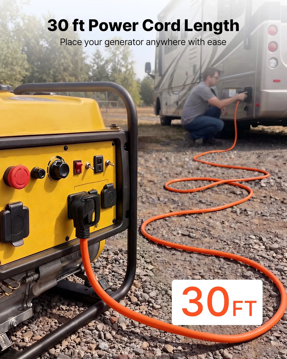 VEVOR 50 Amp Generator Cord, 30 Feet, 125/250V RV Power Cord NEMA 14-50P to SS2-50R with Twist Lock, Grip Handle, Heavy Duty 6AWG/3 + 8AWG/1 Generator Cable, for RV Camper Generator to House, Orange