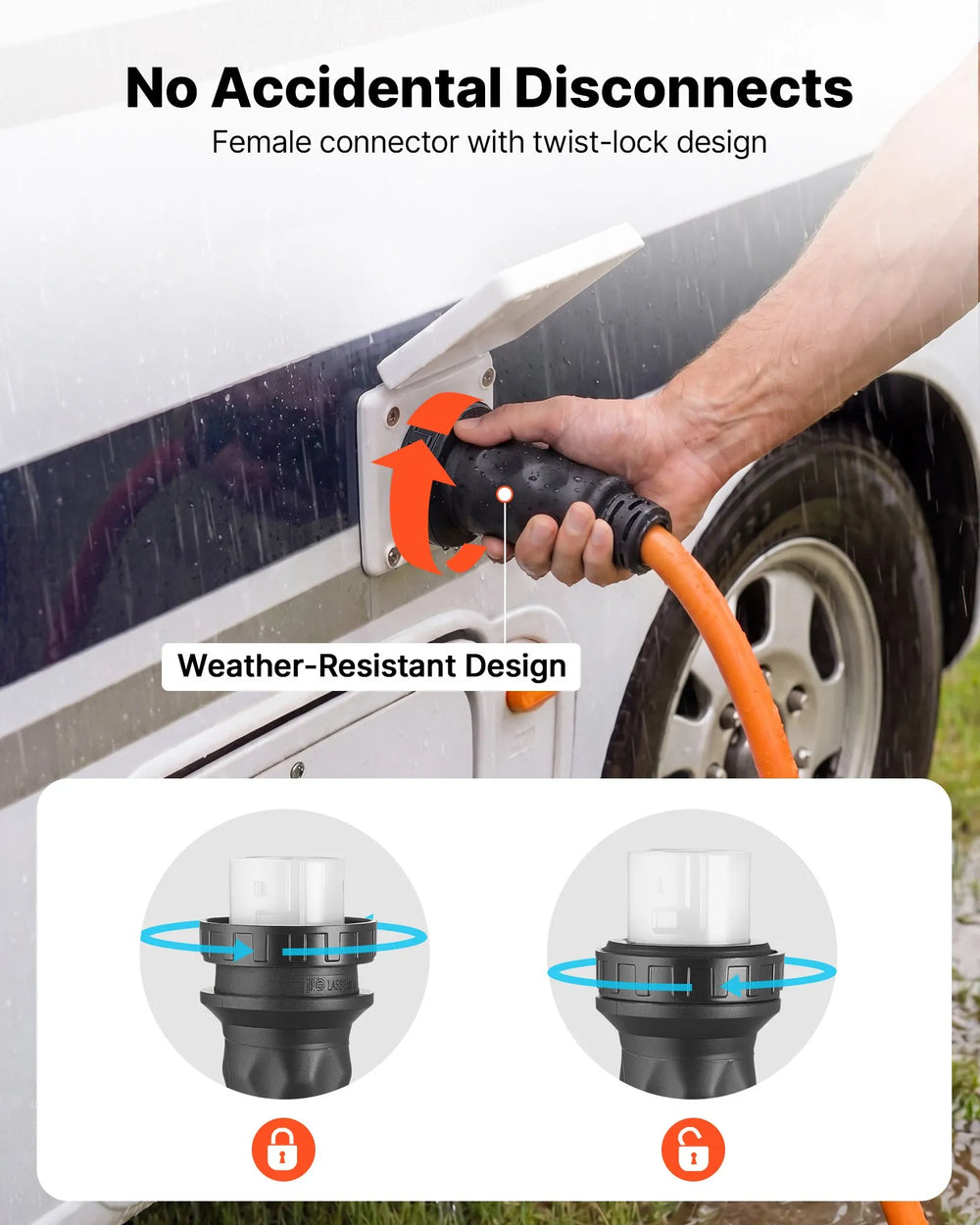 VEVOR 50 Amp Generator Cord, 30 Feet, 125/250V RV Power Cord NEMA 14-50P to SS2-50R with Twist Lock, Grip Handle, Heavy Duty 6AWG/3 + 8AWG/1 Generator Cable, for RV Camper Generator to House, Orange