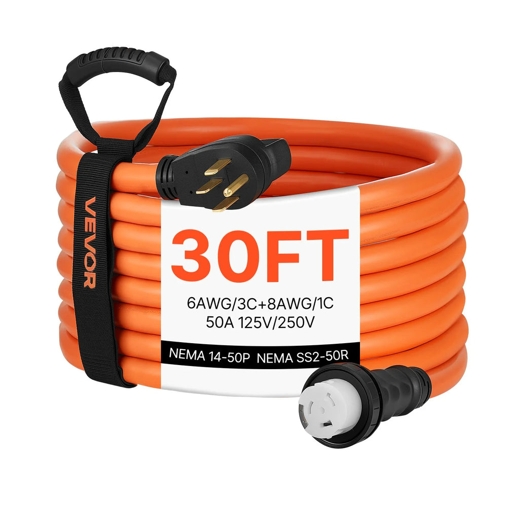VEVOR 50 Amp Generator Cord, 30 Feet, 125/250V RV Power Cord NEMA 14-50P to SS2-50R with Twist Lock, Grip Handle, Heavy Duty 6AWG/3 + 8AWG/1 Generator Cable, for RV Camper Generator to House, Orange