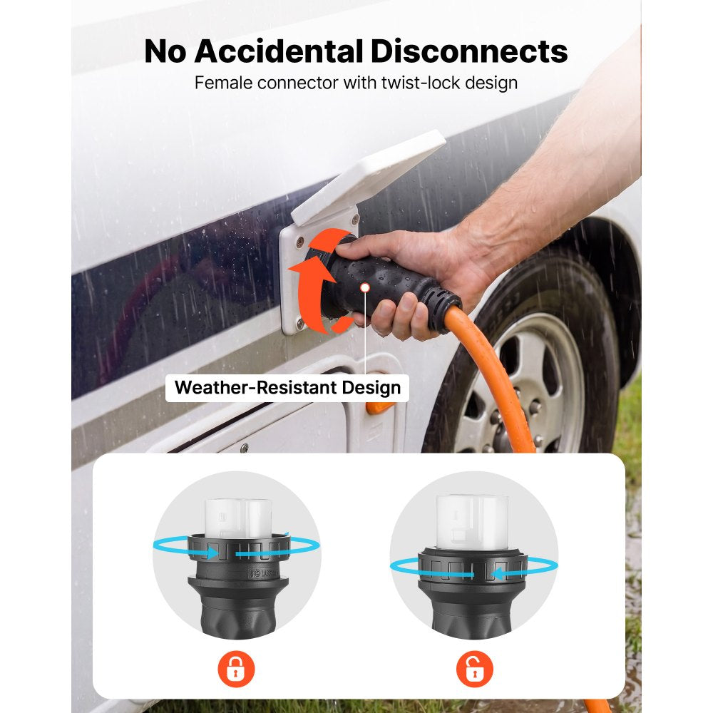 VEVOR 50 Amp Generator Cord, 50 Feet, 125/250V RV Power Cord NEMA 14-50P to SS2-50R with Twist Lock, Grip Handle, Heavy Duty 6AWG/3 + 8AWG/1 Generator Cable, for RV Camper Generator to House, Orange