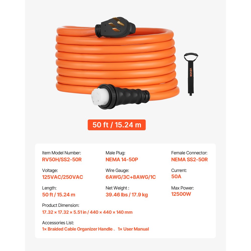 VEVOR 50 Amp Generator Cord, 50 Feet, 125/250V RV Power Cord NEMA 14-50P to SS2-50R with Twist Lock, Grip Handle, Heavy Duty 6AWG/3 + 8AWG/1 Generator Cable, for RV Camper Generator to House, Orange
