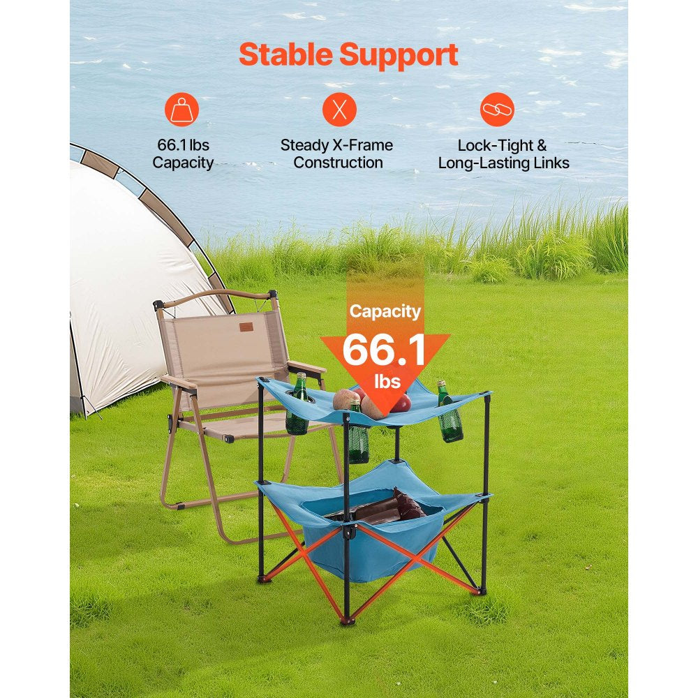 VEVOR Folding Camping Table, Portable Outdoor Lightweight Picnic Table, 600D Oxford Fabric Waterproof Canvas Travel Beach Tables, with 4 Cup Holders, Carry Bag, for Tailgating Camping Picnic, Blue