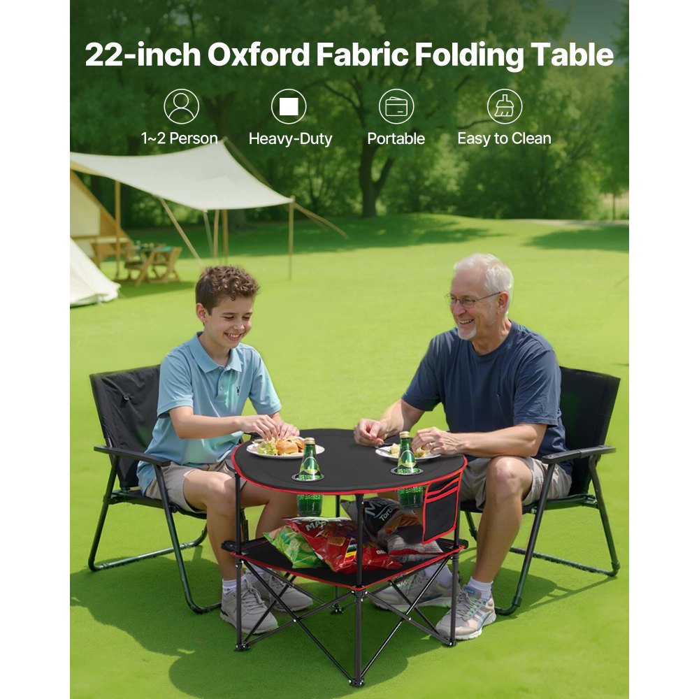 VEVOR Folding Camping Table, Portable Outdoor Lightweight Picnic Table, 600D Oxford Fabric Waterproof Canvas Travel Beach Tables, with 4 Cup Holders, Carry Bag, for Tailgating Camping Picnic, Black