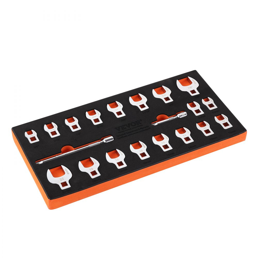 VEVOR Crowfoot Wrench Set, 3/8" Drive 20-Piece Crows Foot Wrench Set with 2 Extension Bars and EVA Tool Organizer,40CR Material with Mirror Chrome Finish, SAE 3/8"-7/8" and Metric 10-22 mm,