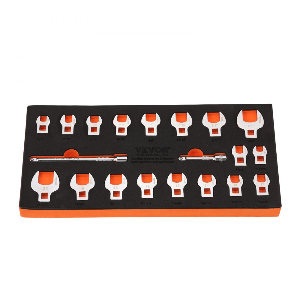 VEVOR Crowfoot Wrench Set, 3/8" Drive 20-Piece Crows Foot Wrench Set with 2 Extension Bars and EVA Tool Organizer,40CR Material with Mirror Chrome Finish, SAE 3/8"-7/8" and Metric 10-22 mm,