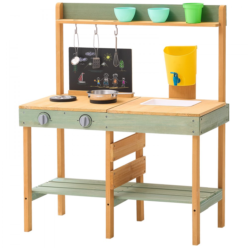 VEVOR Mud Kitchen for Kids, Wooden Toy Play Kitchen Set, Outdoor Toddler Grocery Store Playset, Pretend Play Kitchen with Planter Box, Stoves, Tank, Faucet, Blackboard, Cookware Pots and Accessories