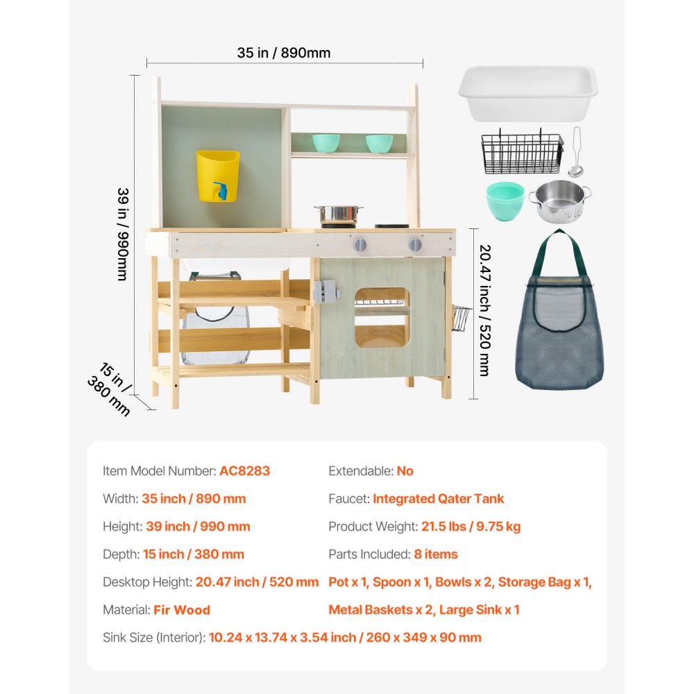 VEVOR Mud Kitchen for Kids, Wooden Toy Play Kitchen Set, Outdoor Toddler Grocery Store Playset, Pretend Play Kitchen with Stoves, Tank, Faucet, Storage Bag, Metal Baskets, and Cookware Pots