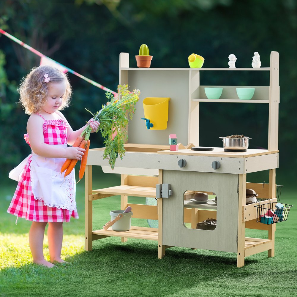 VEVOR Mud Kitchen for Kids, Wooden Toy Play Kitchen Set, Outdoor Toddler Grocery Store Playset, Pretend Play Kitchen with Stoves, Tank, Faucet, Storage Bag, Metal Baskets, and Cookware Pots