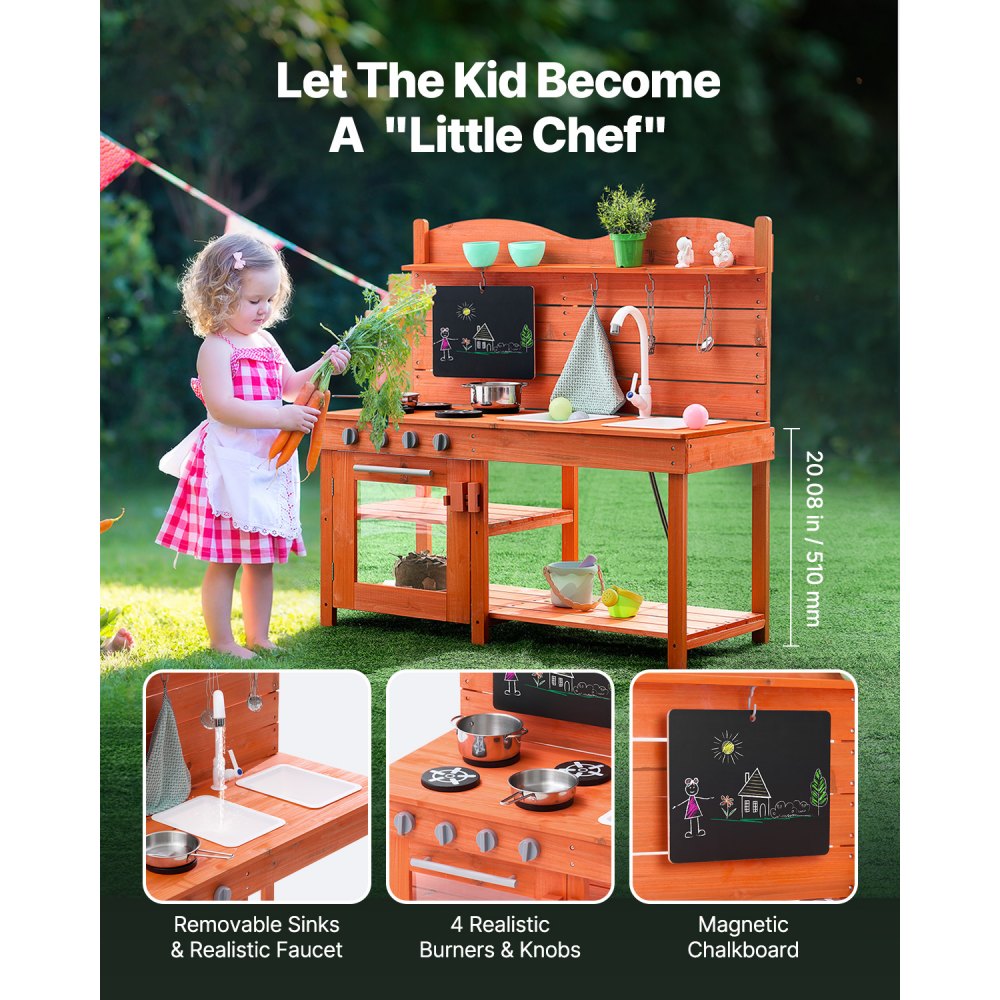 VEVOR Mud Kitchen for Kids, Wooden Toy Play Kitchen Set, Outdoor Toddler Grocery Store Playset for Boys & Girls, Pretend Play Kitchen with Stoves, Sink, Faucet, Blackboard, Cookware Pots, Accessories