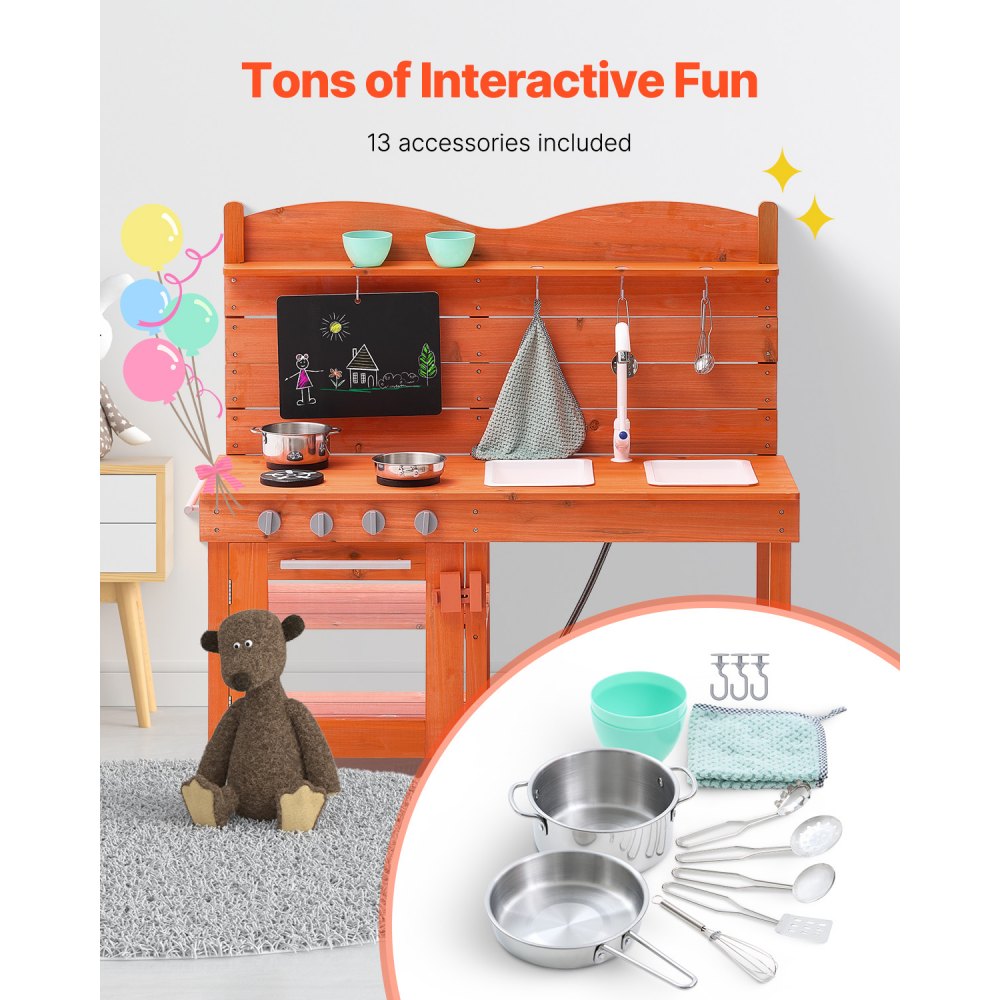 VEVOR Mud Kitchen for Kids, Wooden Toy Play Kitchen Set, Outdoor Toddler Grocery Store Playset for Boys & Girls, Pretend Play Kitchen with Stoves, Sink, Faucet, Blackboard, Cookware Pots, Accessories