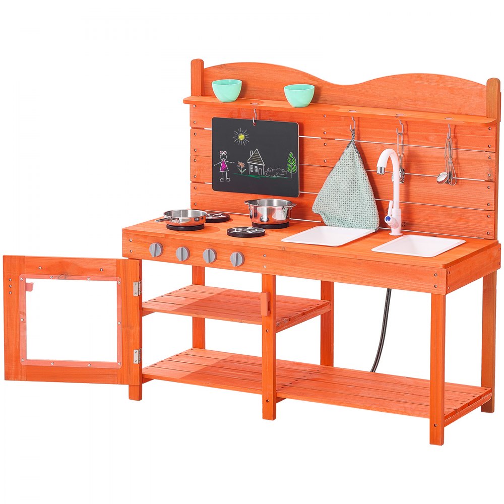 VEVOR Mud Kitchen for Kids, Wooden Toy Play Kitchen Set, Outdoor Toddler Grocery Store Playset for Boys & Girls, Pretend Play Kitchen with Stoves, Sink, Faucet, Blackboard, Cookware Pots, Accessories