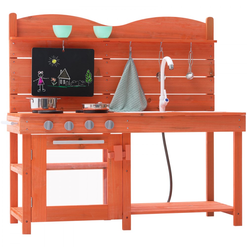VEVOR Mud Kitchen for Kids, Wooden Toy Play Kitchen Set, Outdoor Toddler Grocery Store Playset for Boys & Girls, Pretend Play Kitchen with Stoves, Sink, Faucet, Blackboard, Cookware Pots, Accessories
