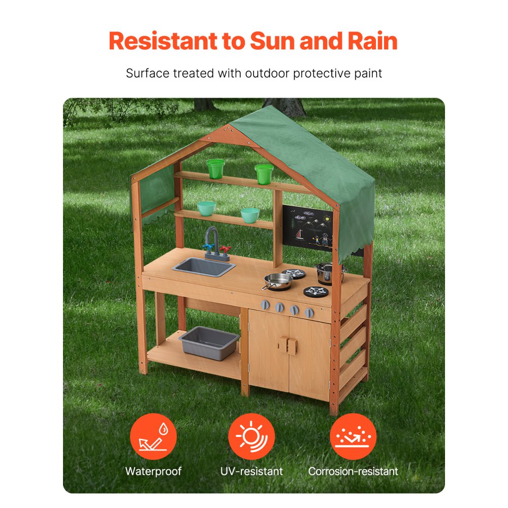 VEVOR Mud Kitchen for Kids, Wooden Toy Play Kitchen Set with Accessories, Outdoor Toddler Grocery Store Playset, Pretend Play Kitchen with Stoves, Planter Boxes, Sink, Faucet, Blackboard, Cookware Pot
