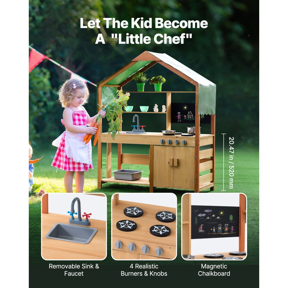 VEVOR Mud Kitchen for Kids, Wooden Toy Play Kitchen Set with Accessories, Outdoor Toddler Grocery Store Playset, Pretend Play Kitchen with Stoves, Planter Boxes, Sink, Faucet, Blackboard, Cookware Pot