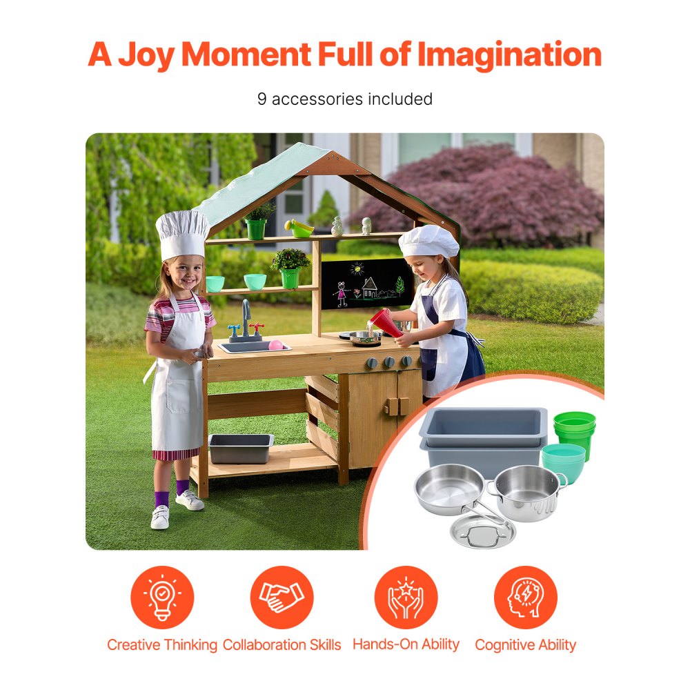 VEVOR Mud Kitchen for Kids, Wooden Toy Play Kitchen Set with Accessories, Outdoor Toddler Grocery Store Playset, Pretend Play Kitchen with Stoves, Planter Boxes, Sink, Faucet, Blackboard, Cookware Pot