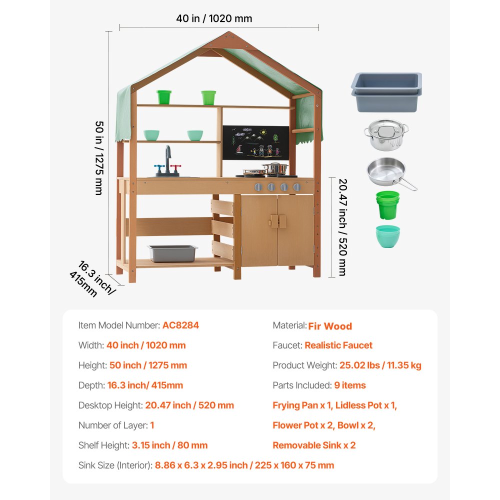 VEVOR Mud Kitchen for Kids, Wooden Toy Play Kitchen Set with Accessories, Outdoor Toddler Grocery Store Playset, Pretend Play Kitchen with Stoves, Planter Boxes, Sink, Faucet, Blackboard, Cookware Pot