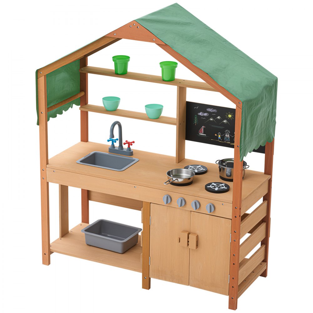 VEVOR Mud Kitchen for Kids, Wooden Toy Play Kitchen Set with Accessories, Outdoor Toddler Grocery Store Playset, Pretend Play Kitchen with Stoves, Planter Boxes, Sink, Faucet, Blackboard, Cookware Pot