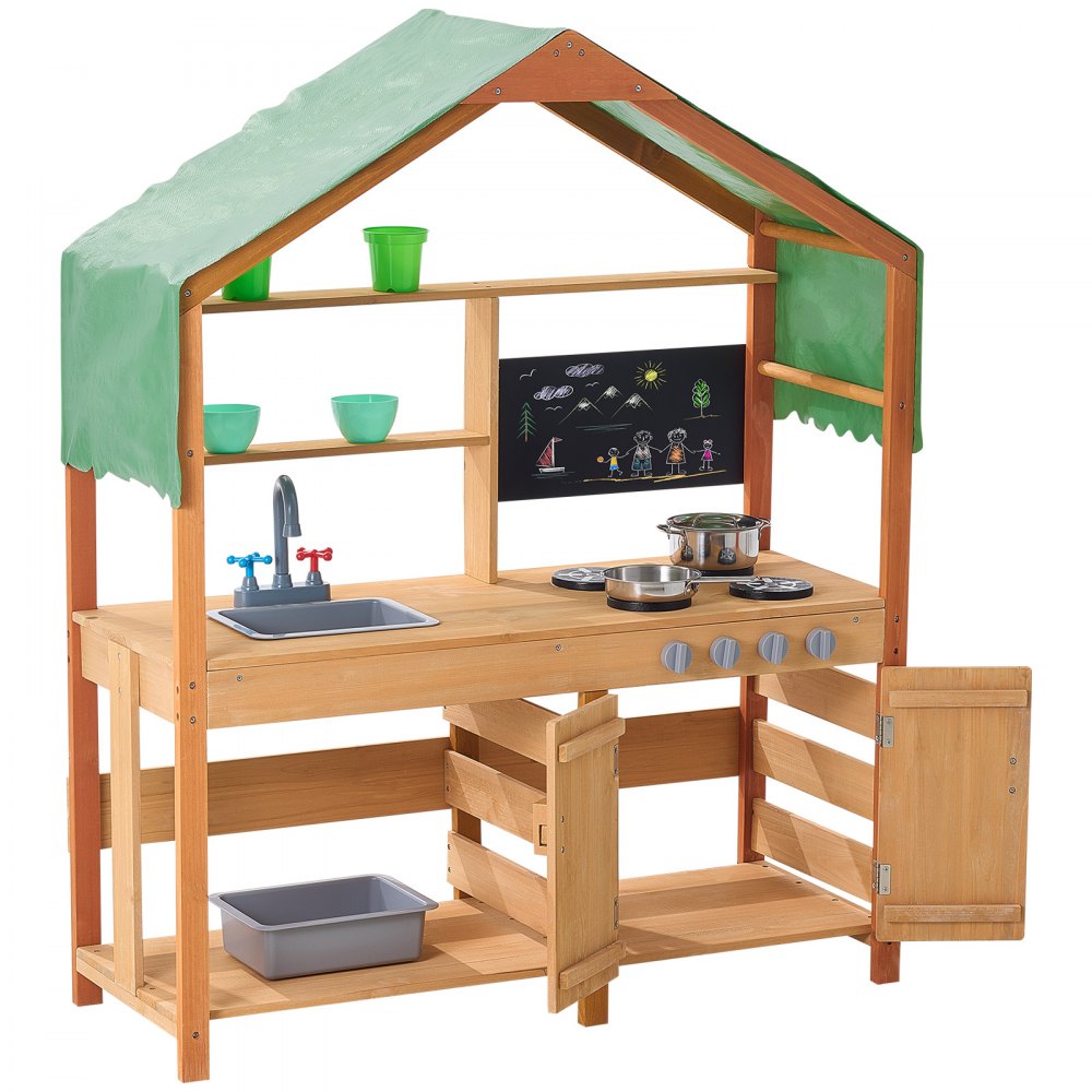 VEVOR Mud Kitchen for Kids, Wooden Toy Play Kitchen Set with Accessories, Outdoor Toddler Grocery Store Playset, Pretend Play Kitchen with Stoves, Planter Boxes, Sink, Faucet, Blackboard, Cookware Pot