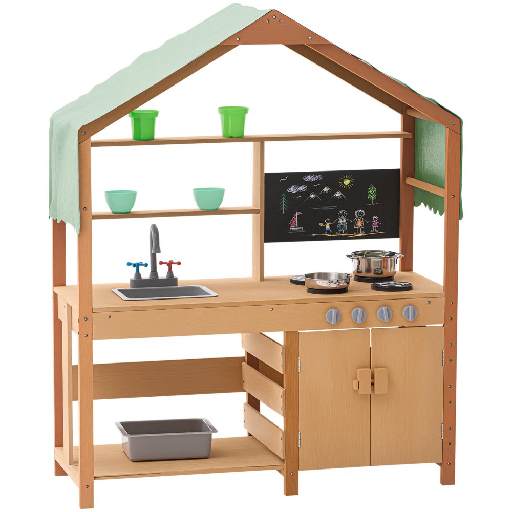 VEVOR Mud Kitchen for Kids, Wooden Toy Play Kitchen Set with Accessories, Outdoor Toddler Grocery Store Playset, Pretend Play Kitchen with Stoves, Planter Boxes, Sink, Faucet, Blackboard, Cookware Pot