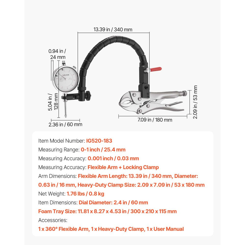 VEVOR Dial Test Indicator with 360-Degree Flexible Arm and 360-Degree Locking Pliers, 0.001 inch Accuracy, 0-1 inch Range, Professional for Machine Set-Up, Narrow Area Measurement, Storage Case