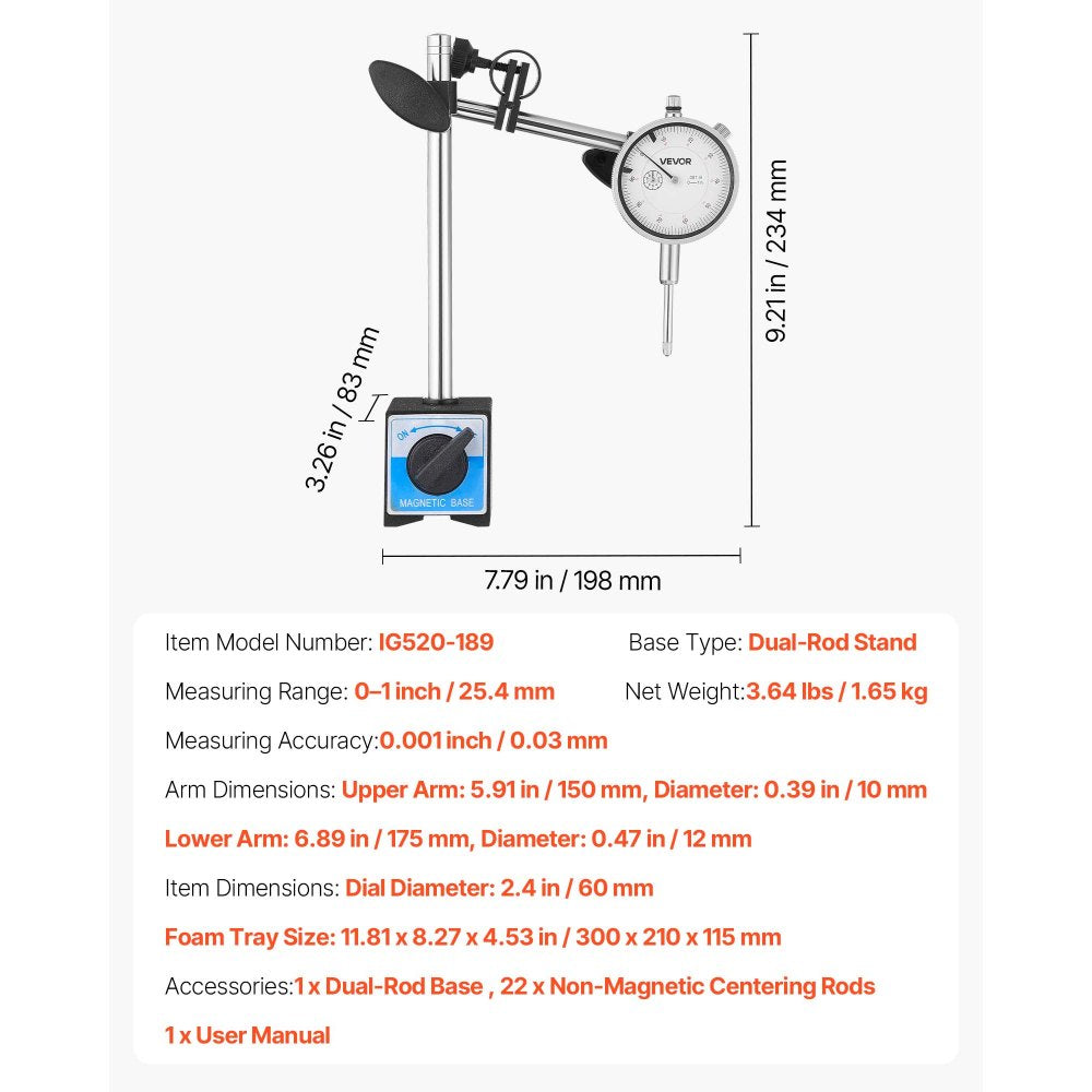 VEVOR Dial Test Indicator with Dual Rod Stand and Storage Case, 0.001 inch Accuracy, 0-1 inch Range, Fine Adjustable Long Arm, Non-Magnetic Centering Rods for Machine Set-Up, Narrow Area Measurement