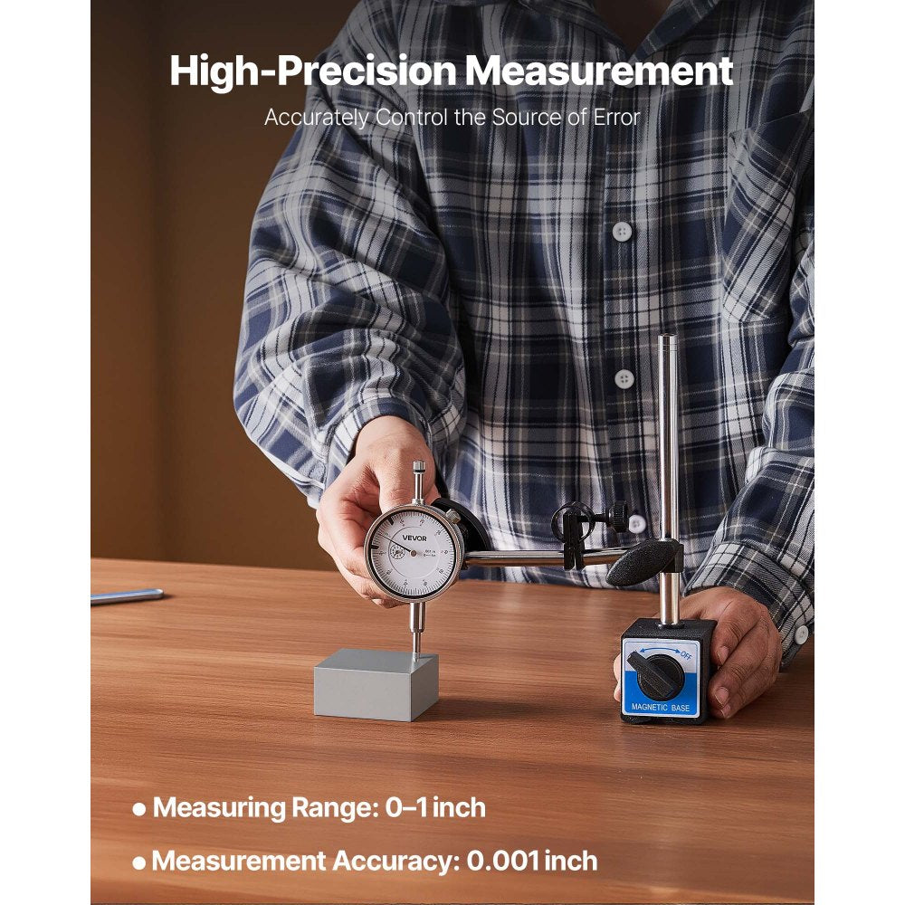 VEVOR Dial Test Indicator, 0.001 inch Accuracy, 0-1 inch Measuring Range, Easy to Read Large Dial, Professional for Internal Diameter Measurement, Runout Detection, Flatness Inspection