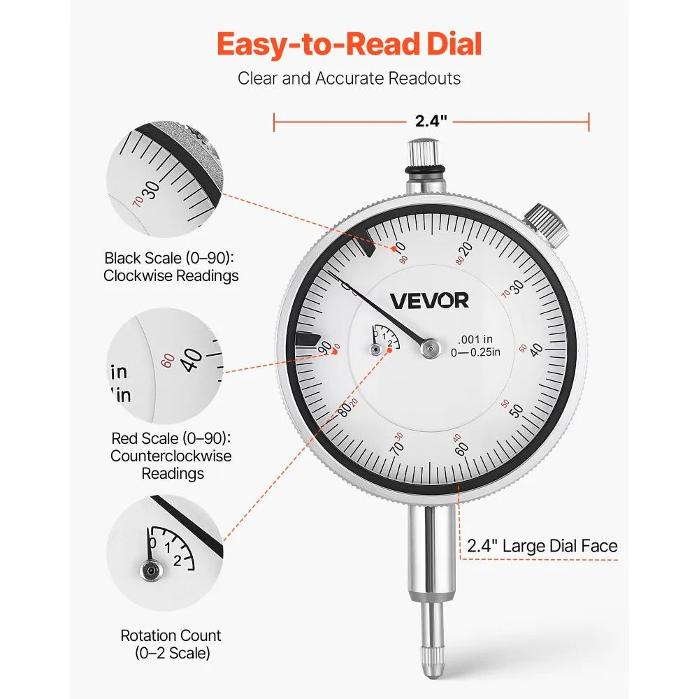 VEVOR Dial Test Indicator and Bore Gauge Measuring Tool Set, Dial Indicator 0.001 inch Accuracy, 2-6 inch Bore Range with Rod, Storage Case, Anvils for Industrial Machining Measurements