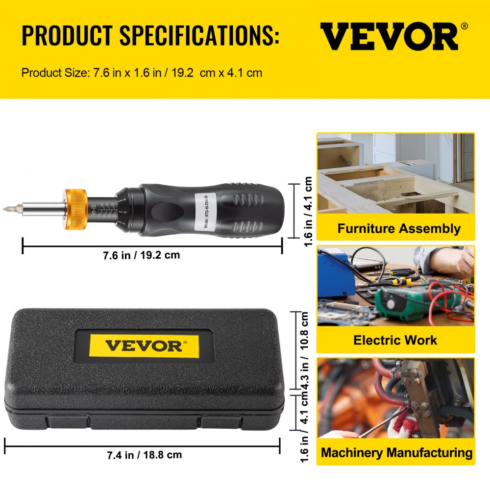 VEVOR Torque Screwdriver, 1/4\" Drive Screwdriver Torque Wrench, Torque Screwdriver Electrician 10-70 in/lbs Torque Range Accurate to ±5%, Adjustable inch Pound Torque Screwdriver with Bits & Case