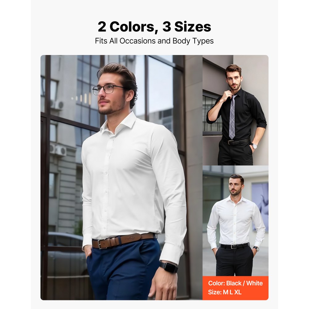 VEVOR Men's Button Up Shirt, Mens Long Sleeve Wrinkle-free Button Down Dress Shirts, Slim Fit Soft Stretch Fabric for Business Casual or Formal, Work, Wedding, Dinner, White, L Size
