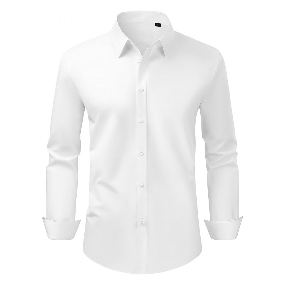 VEVOR Men's Button Up Shirt, Mens Long Sleeve Wrinkle-free Button Down Dress Shirts, Slim Fit Soft Stretch Fabric for Business Casual or Formal, Work, Wedding, Dinner, White, L Size