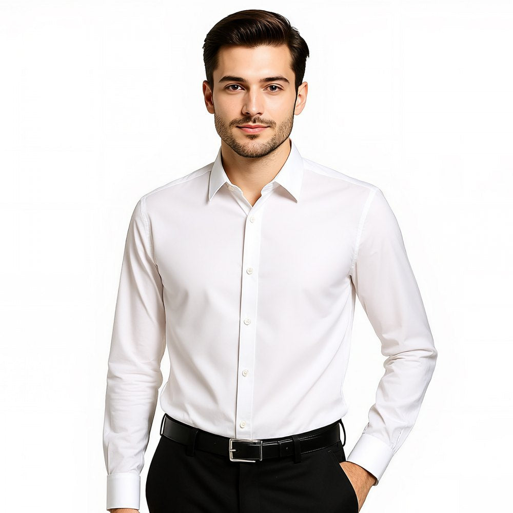 VEVOR Men's Button Up Shirt, Mens Long Sleeve Wrinkle-free Button Down Dress Shirts, Slim Fit Soft Stretch Fabric for Business Casual or Formal, Work, Wedding, Dinner, White, L Size