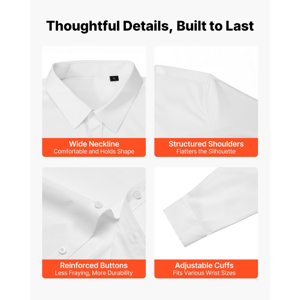 VEVOR Men's Button Up Shirt, Mens Long Sleeve Wrinkle-free Button Down Dress Shirts, Slim Fit Soft Stretch Fabric for Business Casual or Formal, Work, Wedding, Dinner, White, XL Size