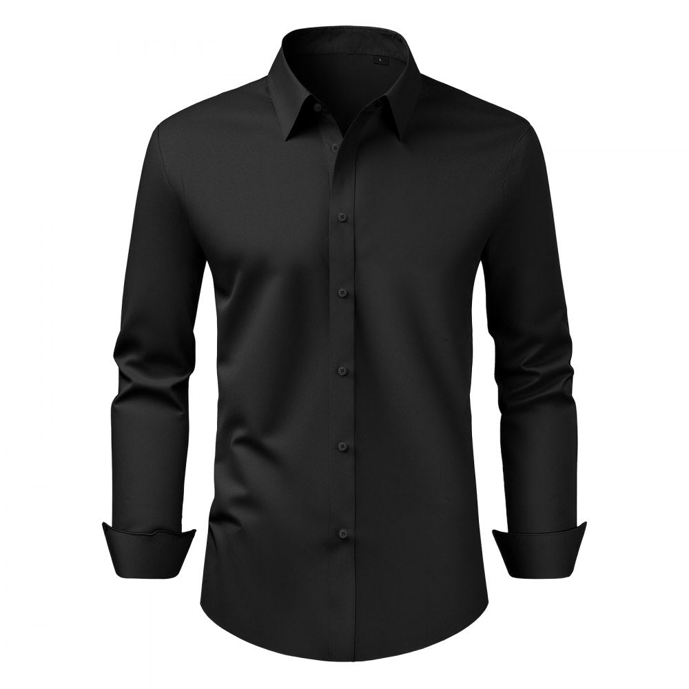 VEVOR Men's Button Up Shirt, Mens Long Sleeve Wrinkle-free Button Down Dress Shirts, Slim Fit Soft Stretch Fabric for Business Casual or Formal, Work, Wedding, Dinner, Black, L Size