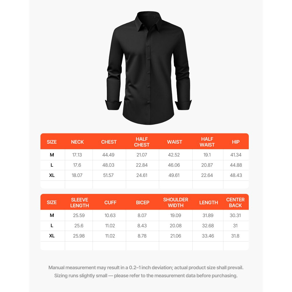 VEVOR Men's Button Up Shirt, Mens Long Sleeve Wrinkle-free Button Down Dress Shirts, Slim Fit Soft Stretch Fabric for Business Casual or Formal, Work, Wedding, Dinner, Black, XL Size