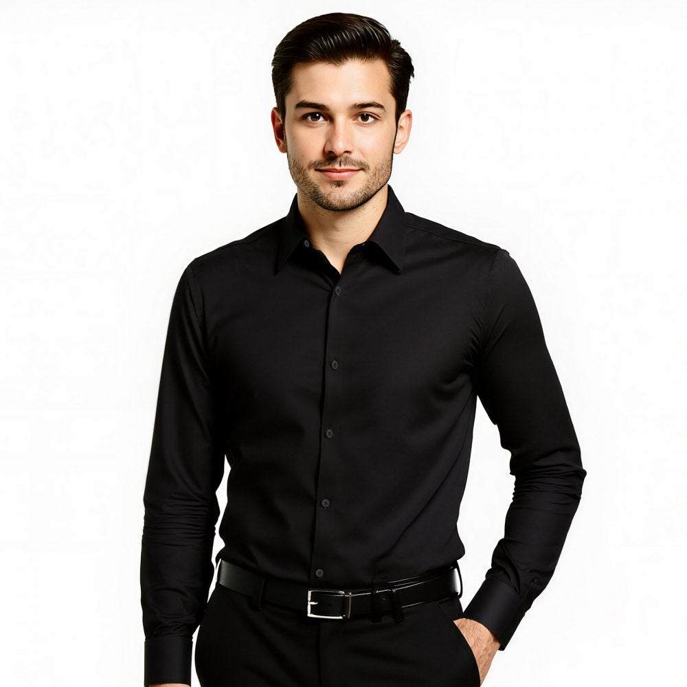 VEVOR Men's Button Up Shirt, Mens Long Sleeve Wrinkle-free Button Down Dress Shirts, Slim Fit Soft Stretch Fabric for Business Casual or Formal, Work, Wedding, Dinner, Black, XL Size
