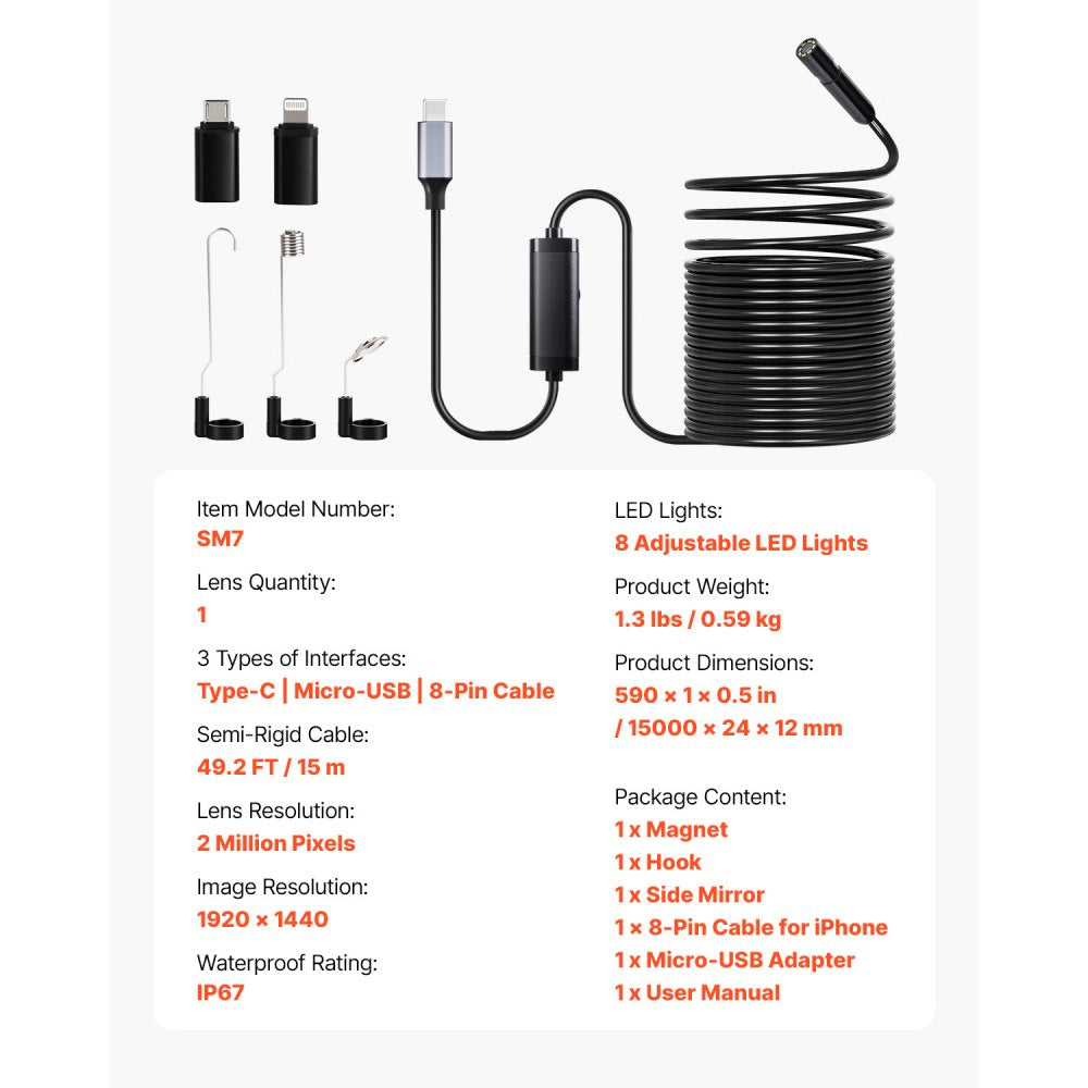 VEVOR Endoscope Camera with 49.2FT Semi-Rigid Cable, 1920P HD Borescope for Android & IOS, Industrial Inspection Camera with Light - 8 LED, 2X Zoom, IP67 Waterproof Snake Camera for Auto, Plumbing